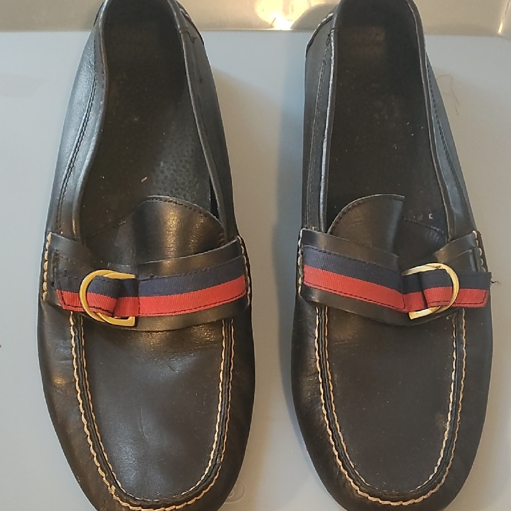Men's Black Leather Loafers with Red and Blue Accents By POLO
